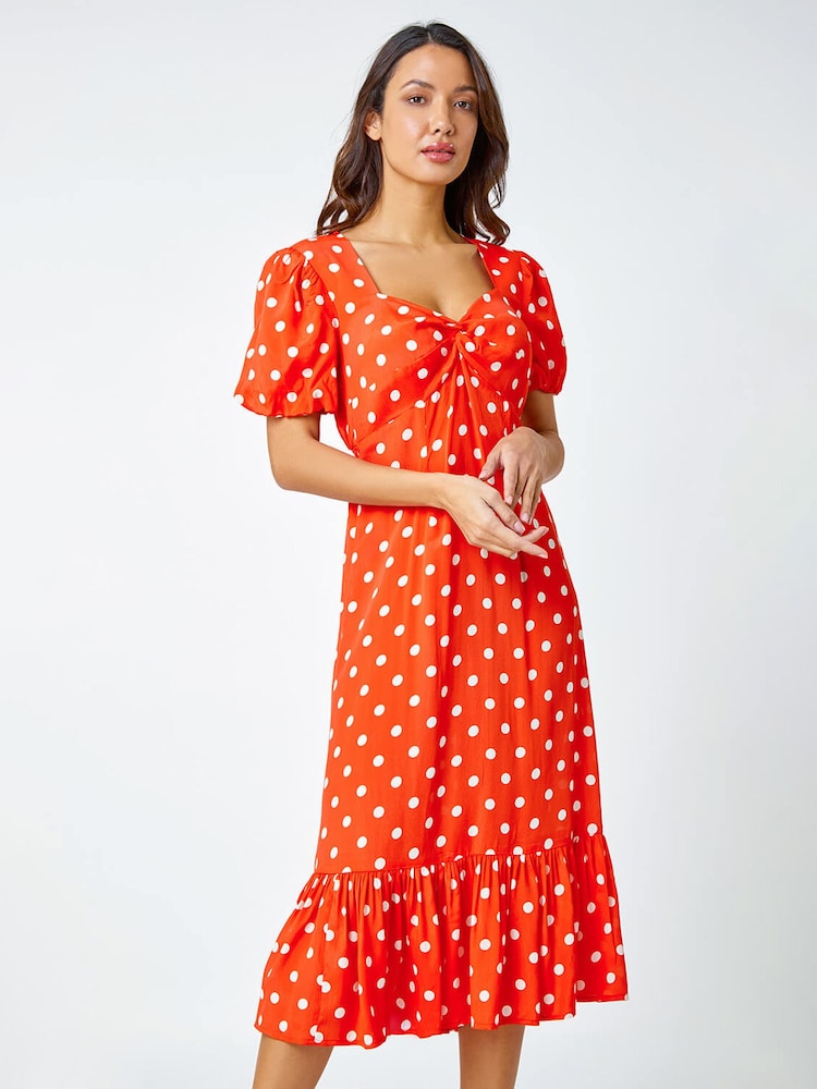 Roman Orange Polka Dot Twist Front Midi Dress - Image 1 of 5