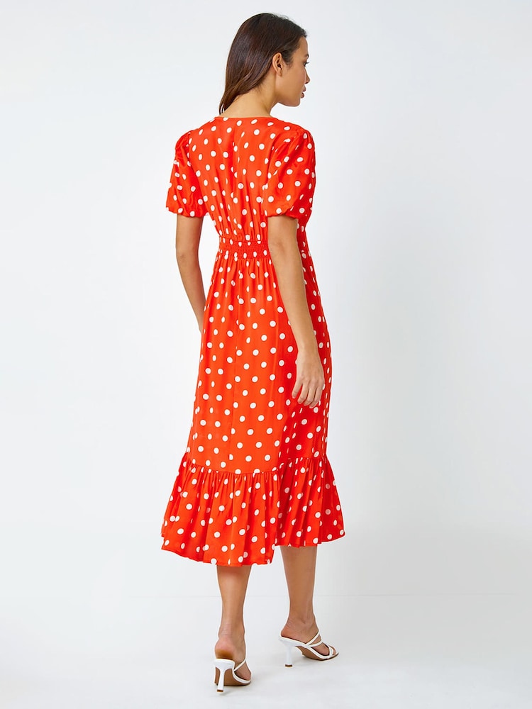 Roman Orange Polka Dot Twist Front Midi Dress - Image 2 of 5