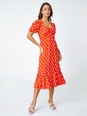 Roman Orange Polka Dot Twist Front Midi Dress - Image 3 of 5
