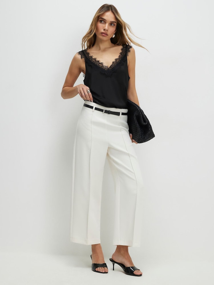 River Island Cream High Rise Belted Copped Wide Leg Trousers - Image 1 of 4