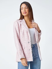 Roman Pink Frayed Edge Boucle Check Jacket - Image 4 of 5