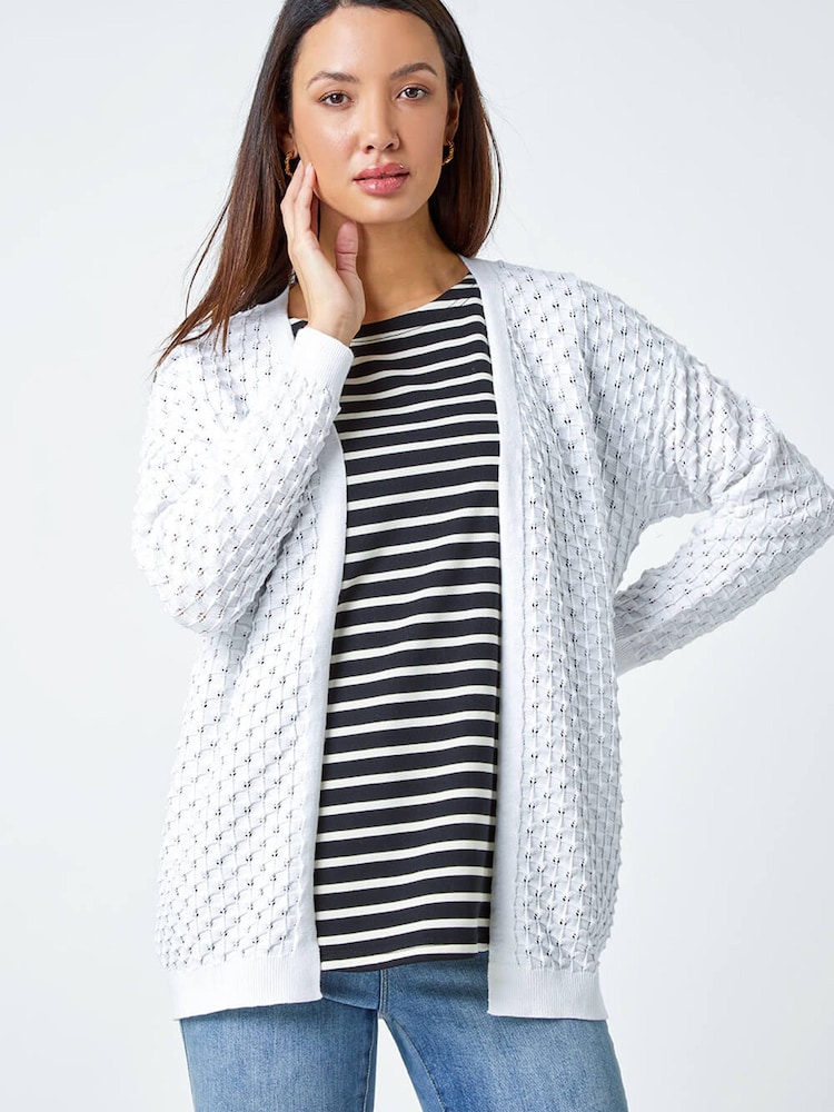 Roman White Cotton Blend Waffle Knit Cardigan - Image 1 of 5