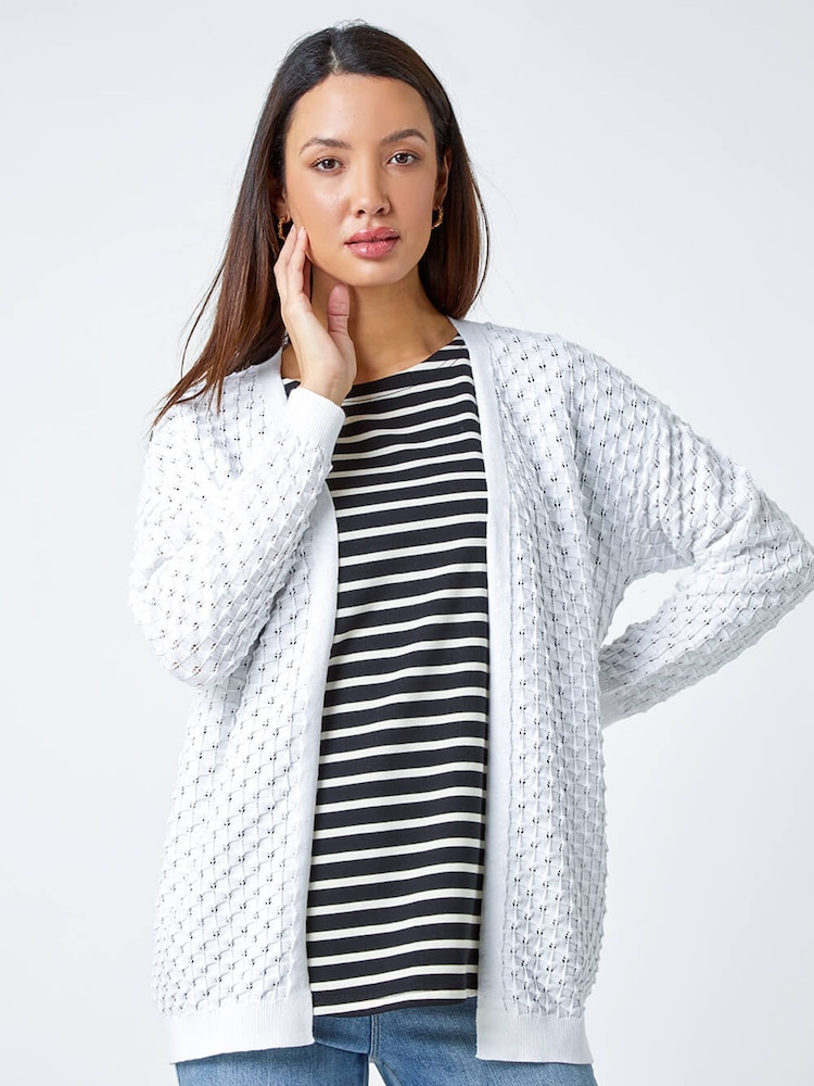 Roman White Cotton Blend Waffle Knit Cardigan - Image 1 of 5 Roman White Cotton Blend Waffle Knit Cardigan - Image 1 of 5