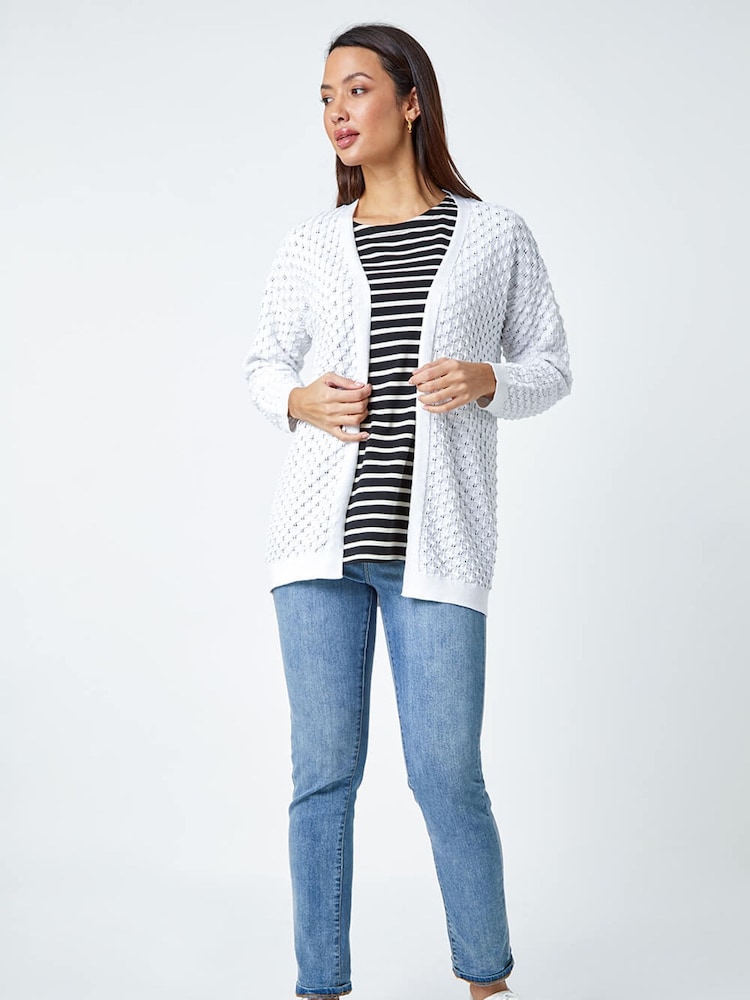 Roman White Cotton Blend Waffle Knit Cardigan - Image 2 of 5 Roman White Cotton Blend Waffle Knit Cardigan - Image 2 of 5