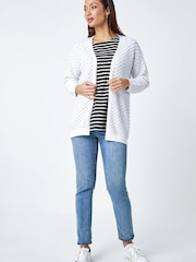 Roman White Cotton Blend Waffle Knit Cardigan - Image 3 of 5