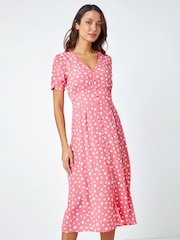 Roman Pink Polka Dot Ruched Sleeve Midi Dress - Image 1 of 5