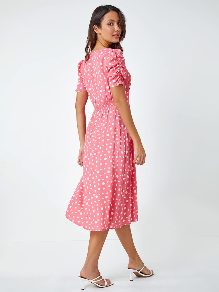 Roman Pink Polka Dot Ruched Sleeve Midi Dress - Image 2 of 5