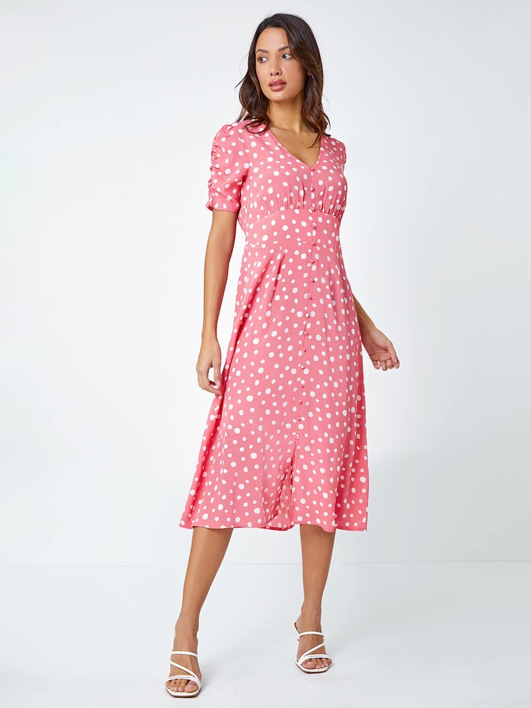 Roman Pink Polka Dot Ruched Sleeve Midi Dress - Image 3 of 5