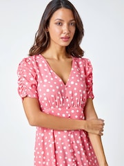 Roman Pink Polka Dot Ruched Sleeve Midi Dress - Image 4 of 5