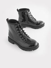 Black Patent Standard Fit (F) Warm Lined Lace-Up Boots - Image 1 of 8