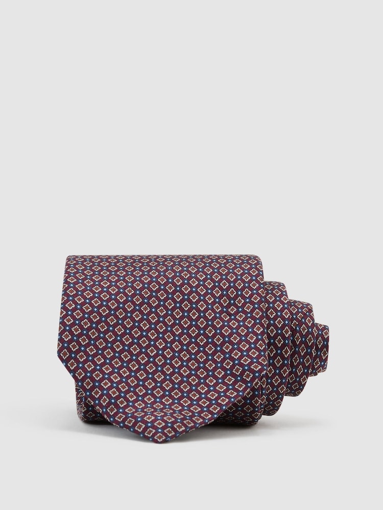 Reiss Burgundy Ettore Silk Twill Micro Diamond-Print Tie - Image 1 of 5
