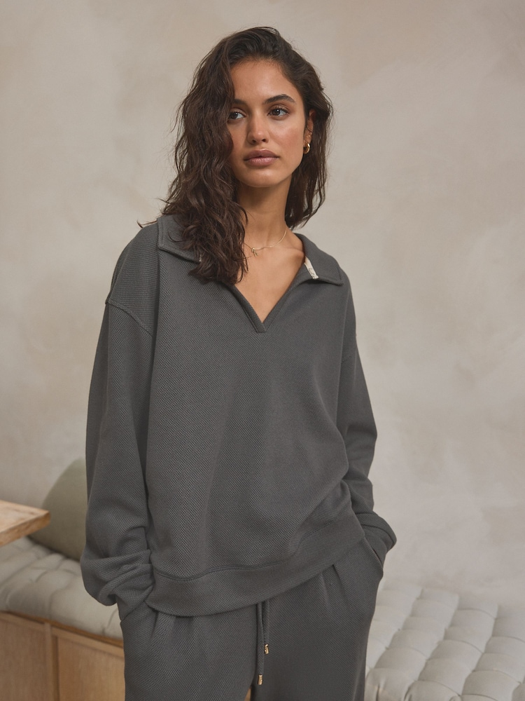 Charcoal Grey Knitlook Collared Sweatshirt - Image 1 of 5