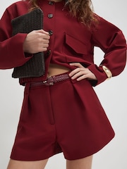 River Island Red Tailored Plaited Belt Shorts - Image 4 of 4