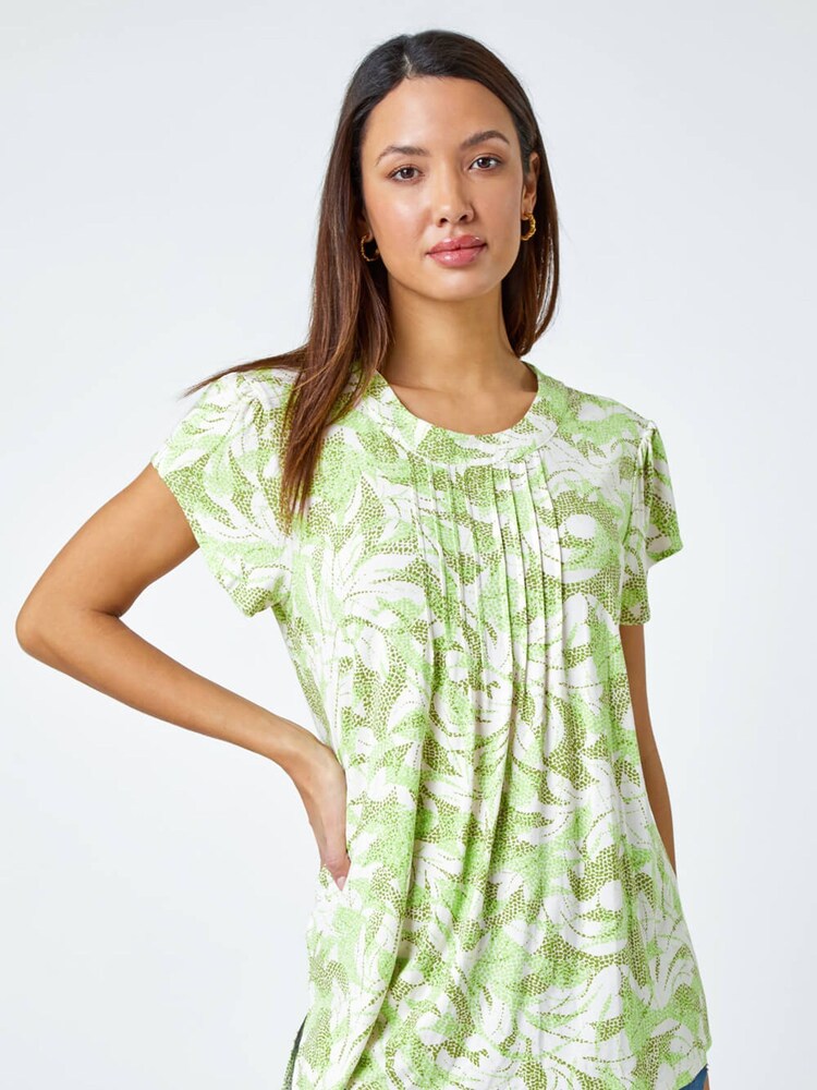 Roman Green Leaf Print Pleated Stretch Top - Image 1 of 5