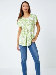 Roman Green Leaf Print Pleated Stretch Top - Image 2 of 5