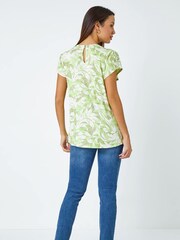 Roman Green Leaf Print Pleated Stretch Top - Image 3 of 5