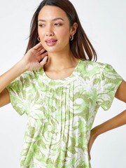 Roman Green Leaf Print Pleated Stretch Top - Image 4 of 5