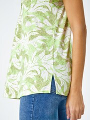 Roman Green Leaf Print Pleated Stretch Top - Image 5 of 5