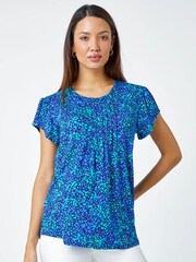 Roman Blue Ditsy Spot Print Pleated Stretch Top - Image 1 of 5