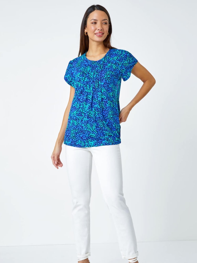 Roman Blue Ditsy Spot Print Pleated Stretch Top - Image 2 of 5