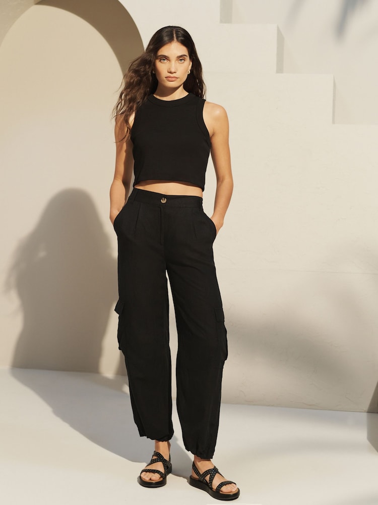 Black Linen Blend Cargo Trousers - Image 2 of 7