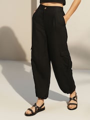 Black Linen Blend Cargo Trousers - Image 3 of 7