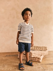 Ecru/Navy 100% Cotton Stripe Short Sleeved Polo Shirt (3mths-7yrs) - Image 1 of 10