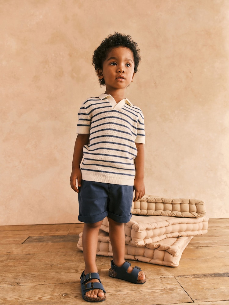 Ecru/Navy 100% Cotton Stripe Short Sleeved Polo Shirt (3mths-7yrs) - Image 1 of 10