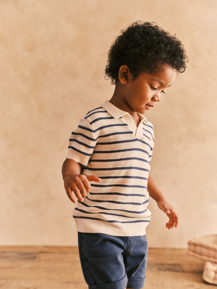 Ecru/Navy 100% Cotton Stripe Short Sleeved Polo Shirt (3mths-7yrs) - Image 2 of 10