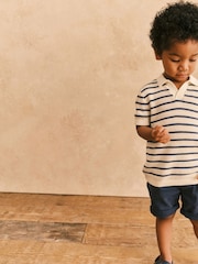 Ecru/Navy 100% Cotton Stripe Short Sleeved Polo Shirt (3mths-7yrs) - Image 3 of 10