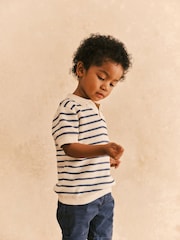 Ecru/Navy 100% Cotton Stripe Short Sleeved Polo Shirt (3mths-7yrs) - Image 5 of 10