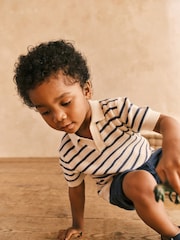 Ecru/Navy 100% Cotton Stripe Short Sleeved Polo Shirt (3mths-7yrs) - Image 7 of 10