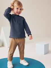 Azul/Castanho - Conjunto de polo e joggers com zíper 100% algodão (3meses a7anos) - Imagem 1 de 7