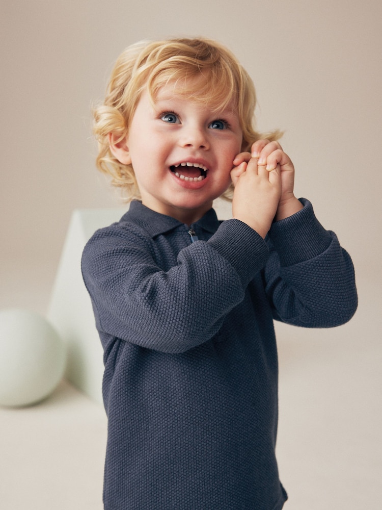 Azul/Castanho - Conjunto de polo e joggers com zíper 100% algodão (3meses a7anos) - Imagem 2 de 7