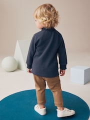 Azul/Castanho - Conjunto de polo e joggers com zíper 100% algodão (3meses a7anos) - Imagem 3 de 7
