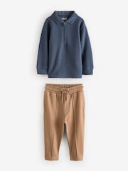 Azul/Castanho - Conjunto de polo e joggers com zíper 100% algodão (3meses a7anos) - Imagem 5 de 7