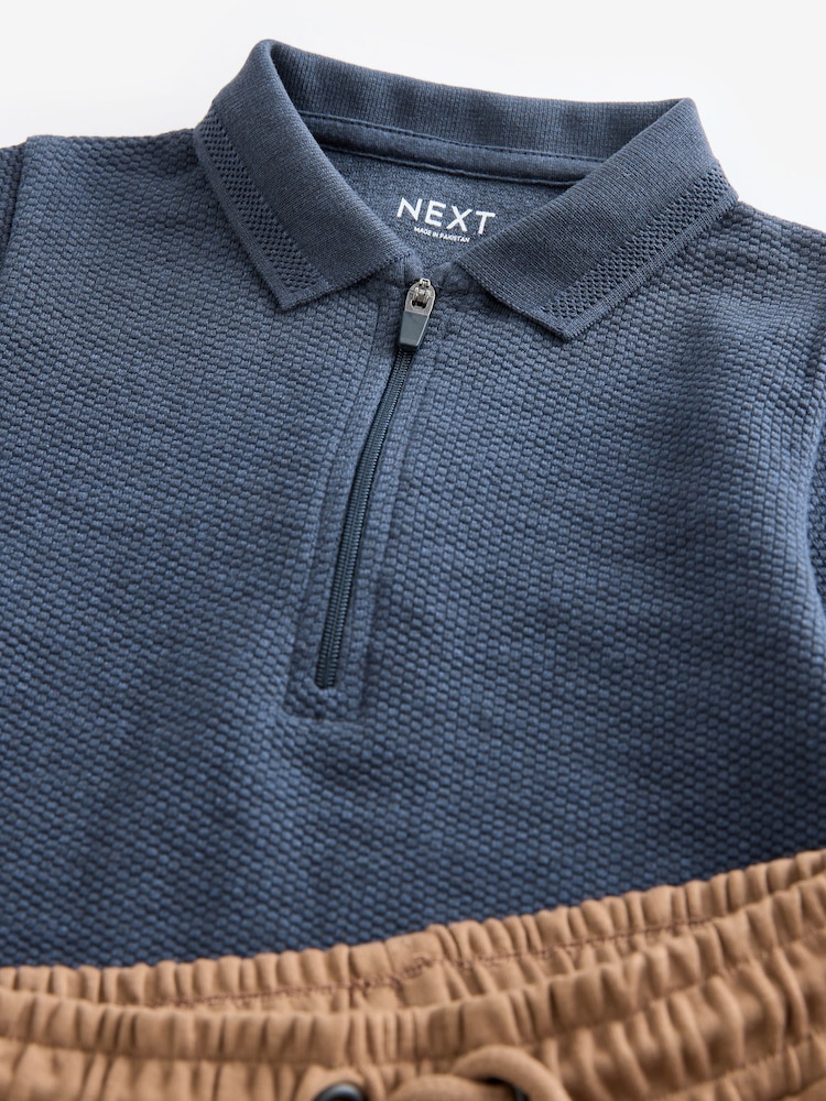 Azul/Castanho - Conjunto de polo e joggers com zíper 100% algodão (3meses a7anos) - Imagem 7 de 7