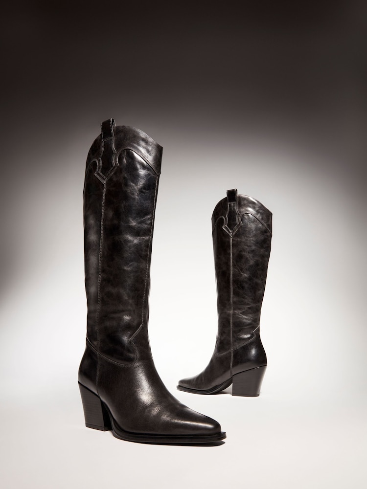 Dune London Black Tennessee High Leg Western Boots - Image 7 of 7