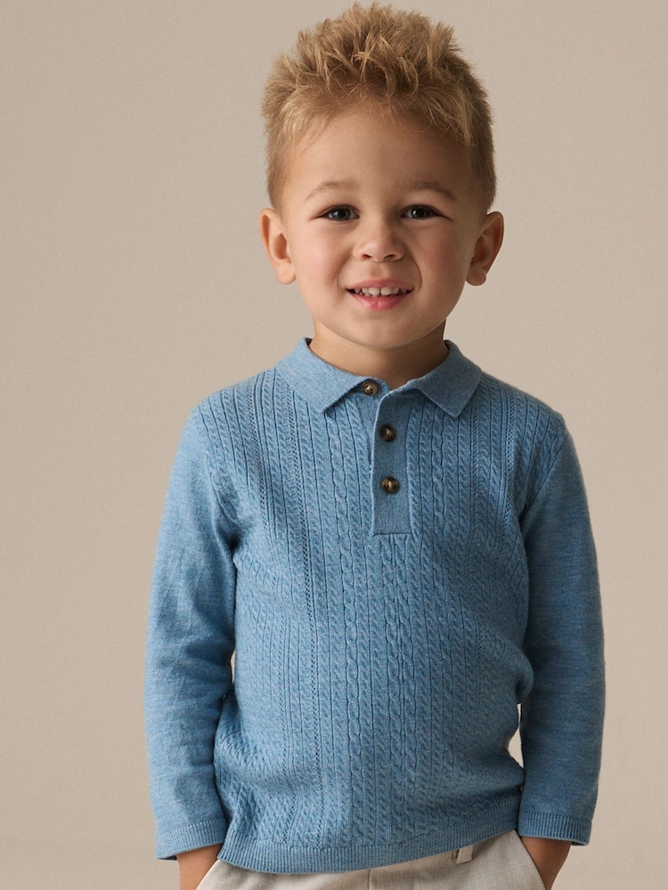 Blue Long Sleeve Cable Polo Shirt (3mths-7yrs) - Image 1 of 8