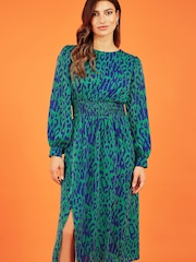 Mela Green Animal Print Long Sleeve Ruched Midi Dress - Image 1 of 5