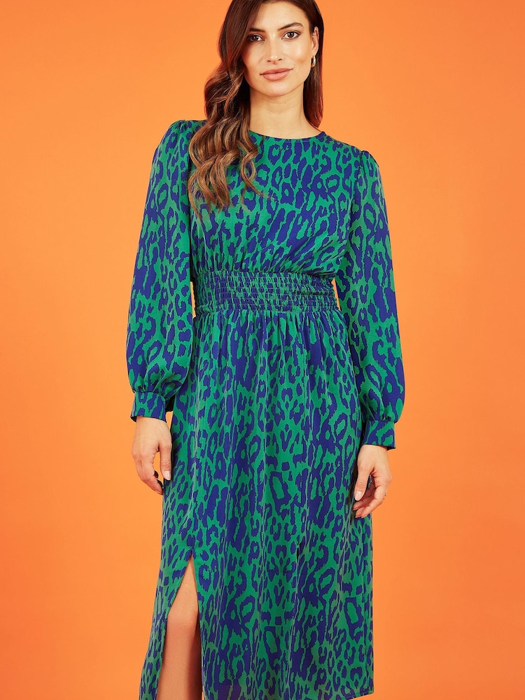 Mela Green Animal Print Long Sleeve Ruched Midi Dress - Image 1 of 5