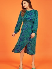 Mela Green Animal Print Long Sleeve Ruched Midi Dress - Image 3 of 5