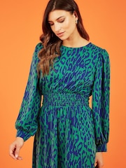 Mela Green Animal Print Long Sleeve Ruched Midi Dress - Image 4 of 5