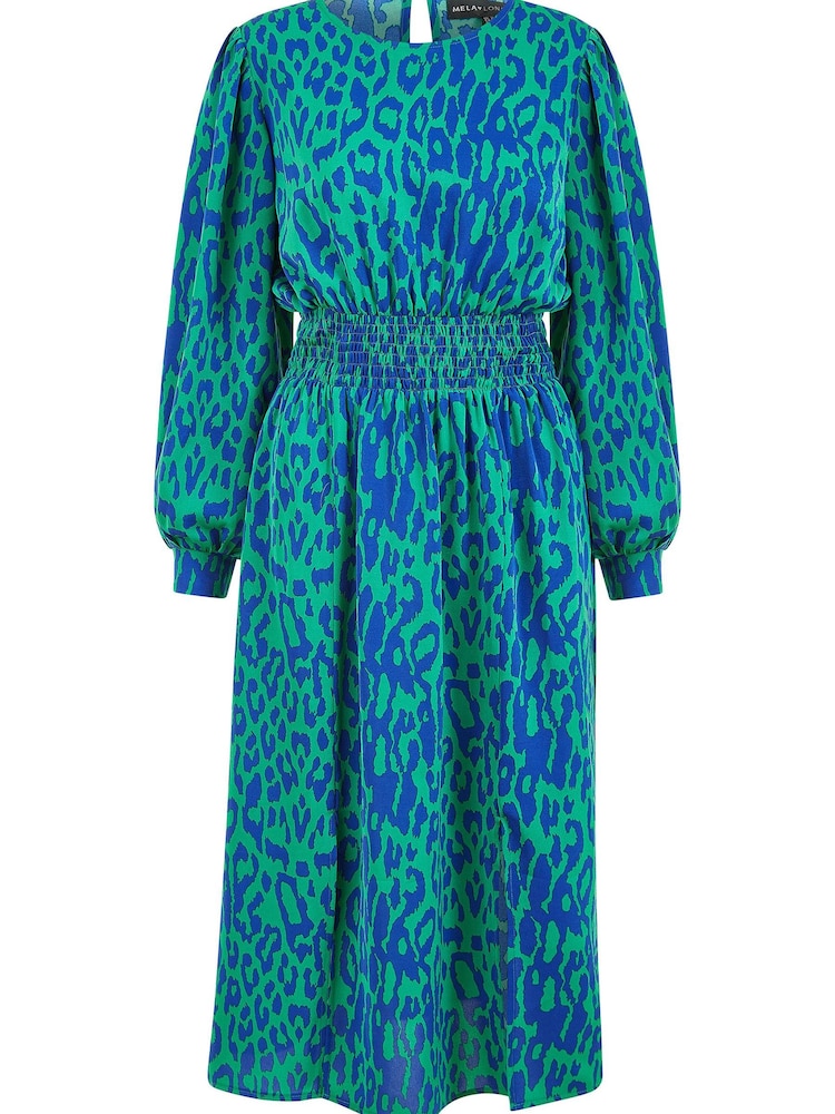 Mela Green Animal Print Long Sleeve Ruched Midi Dress - Image 5 of 5