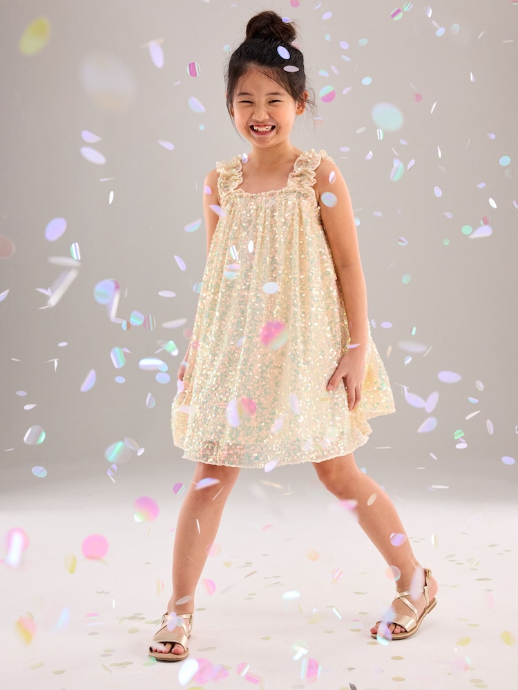 Neutral/ Iridescent Sequin Gathered Strappy Party Dress (3-14yrs) - Image 1 of 7
