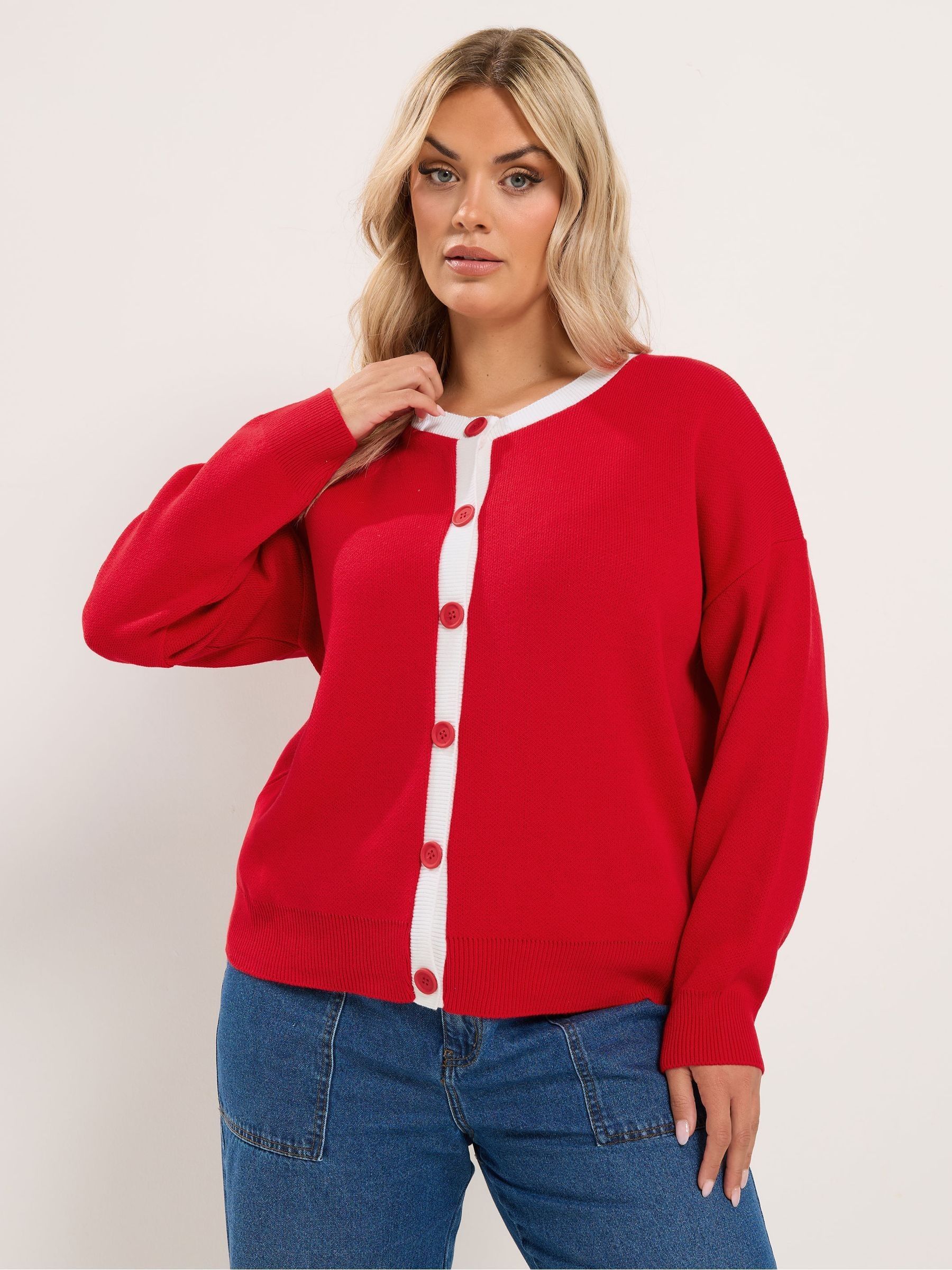 Yours Women's Contrast Knitted Cardigan Sweater in Red | Size: 30-32 - Image 2
