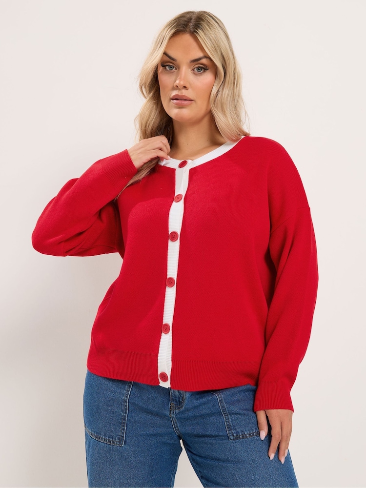 Yours Curve Red Contrast Tipped Crew Neck Long Sleeve Cardigan - Image 1 of 6