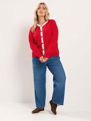 Yours Curve Red Contrast Tipped Crew Neck Long Sleeve Cardigan - Image 2 of 6