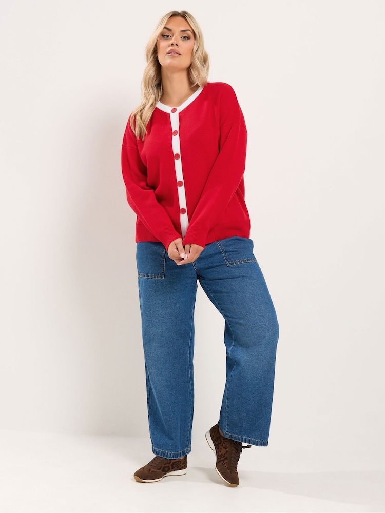 Yours Curve Red Contrast Tipped Crew Neck Long Sleeve Cardigan - Image 2 of 6