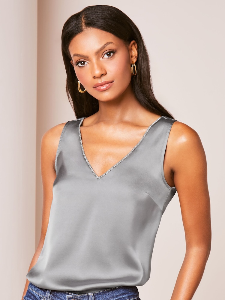 Lipsy Grey V Neck Satin Trim Vest - Image 4 of 4
